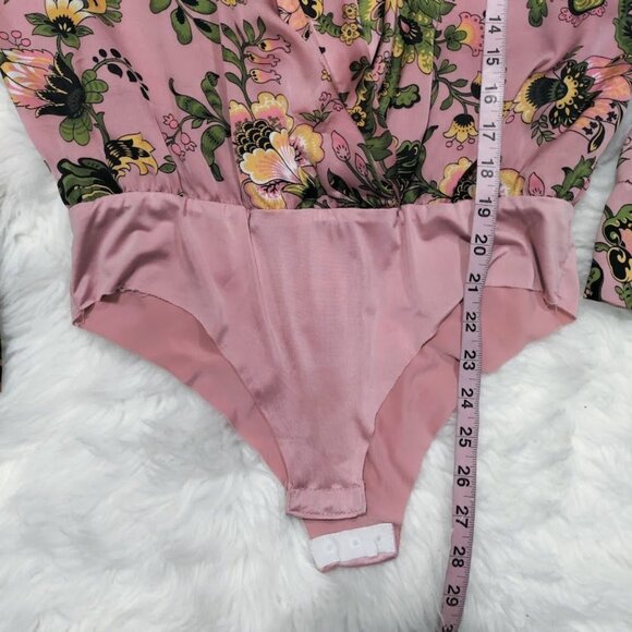 ZARA Pink Floral Print Button Front Satin Bloggers Long Sleeve Bodysuit Medium - Picture 13 of 15